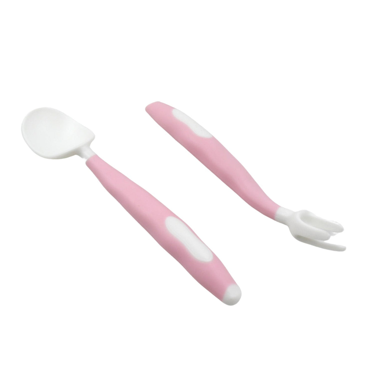 Rounded edges and soft tips of the food-grade silicone baby spoon and fork.